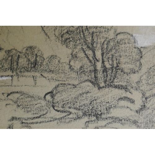 883 - After Thomas Gainsborough, landscape with a figure by a dwelling, engraving heightened with white, o... 