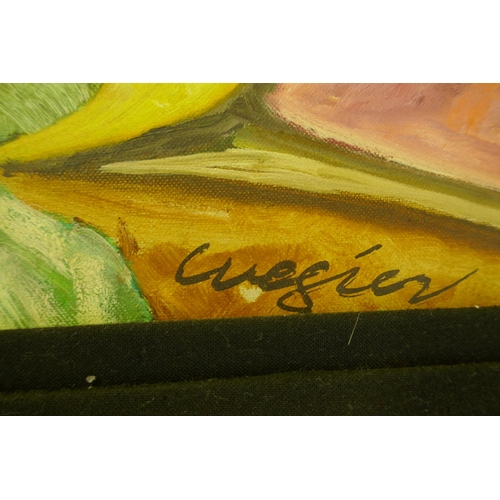 894 - Still life abstract, signed indistinctly Wegier?, mid C20th, possibly American, stretcher stamped An... 