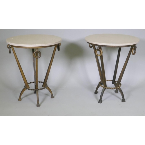 1009 - A pair of Maison Jansen style side tables with travertine marble tops and bronzed metal bases, 55cm ... 