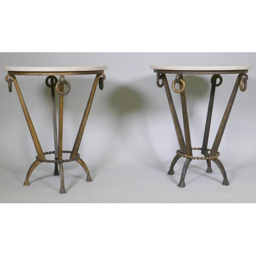 1009 - A pair of Maison Jansen style side tables with travertine marble tops and bronzed metal bases, 55cm ... 