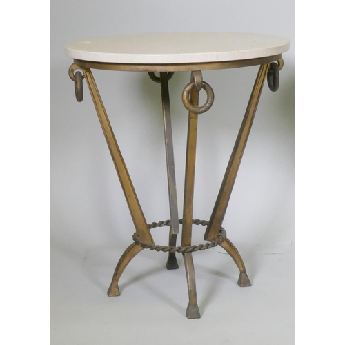 1009 - A pair of Maison Jansen style side tables with travertine marble tops and bronzed metal bases, 55cm ... 