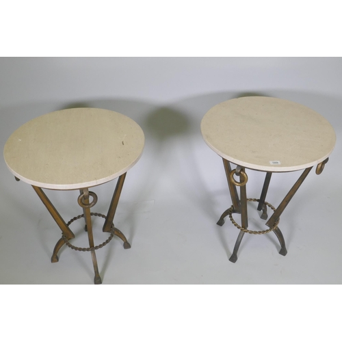 1009 - A pair of Maison Jansen style side tables with travertine marble tops and bronzed metal bases, 55cm ... 