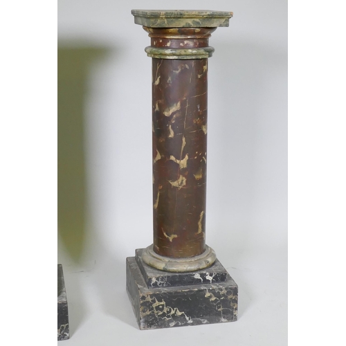 1018 - A pair of C19th painted pine column pedestals, with faux marble decoration, 97cm high, top 26 x 26cm