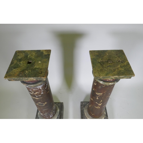 1018 - A pair of C19th painted pine column pedestals, with faux marble decoration, 97cm high, top 26 x 26cm