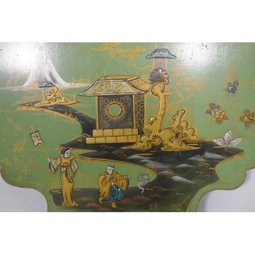 1021 - A 1920s lacquered wood fire screen with raised chinoiserie decoration, 75 x 77cm high