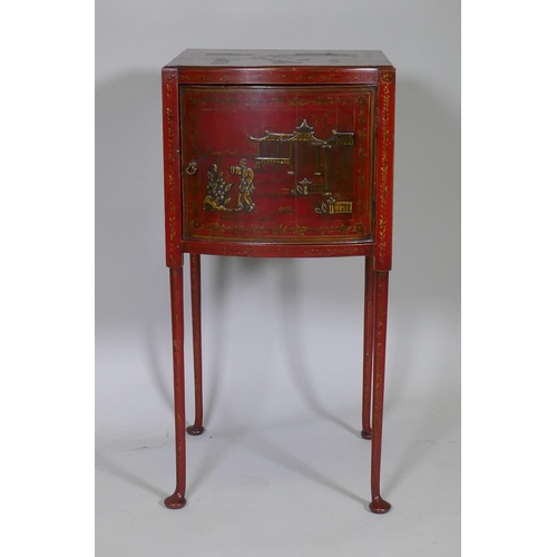 1024 - An antique Georgian style red lacquer pot cupboard with raised and gilded chinoiserie decoration, ra... 