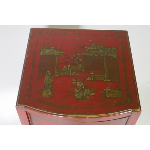 1024 - An antique Georgian style red lacquer pot cupboard with raised and gilded chinoiserie decoration, ra... 