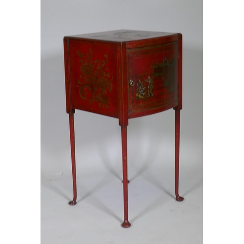 1024 - An antique Georgian style red lacquer pot cupboard with raised and gilded chinoiserie decoration, ra... 