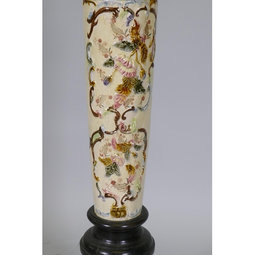 1025 - A C19th column, with ebonised wood and inset Zsolnay Pecs style raised decoration 106cm high, 30 x 3... 