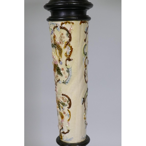 1025 - A C19th column, with ebonised wood and inset Zsolnay Pecs style raised decoration 106cm high, 30 x 3... 