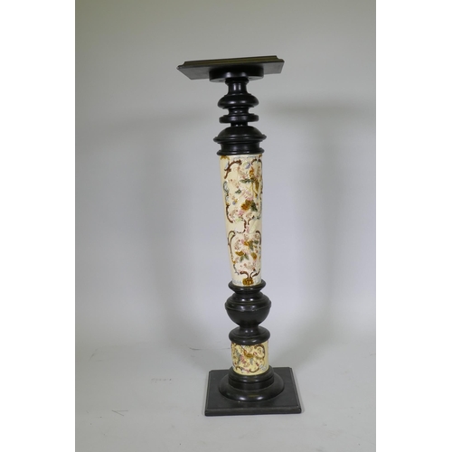 1025 - A C19th column, with ebonised wood and inset Zsolnay Pecs style raised decoration 106cm high, 30 x 3... 