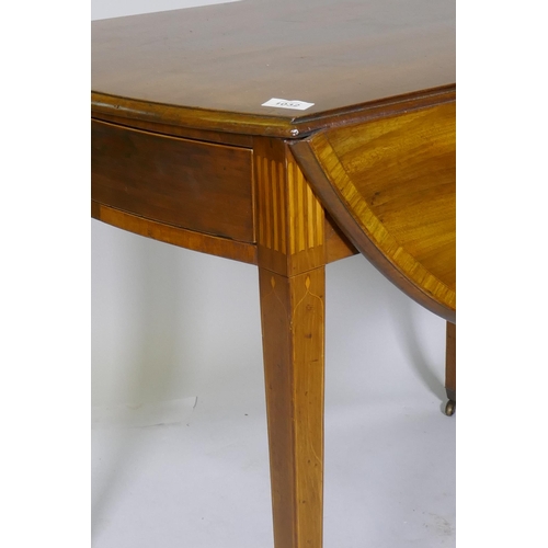 1032 - A C19th inlaid mahogany Pembroke table with single end drawer, raised on tapering supports terminati... 