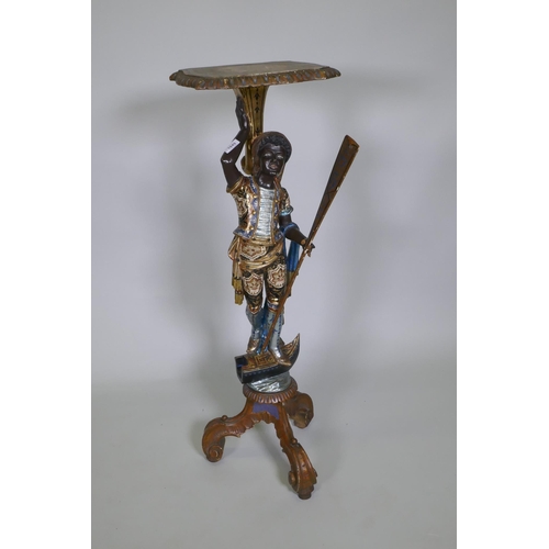 1045 - A Venetian polychrome and parcel gilt blackamoor stand in the form of a gondolier, 102cm high