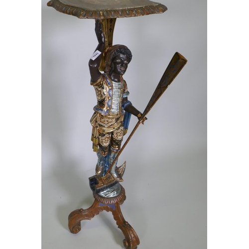 1045 - A Venetian polychrome and parcel gilt blackamoor stand in the form of a gondolier, 102cm high