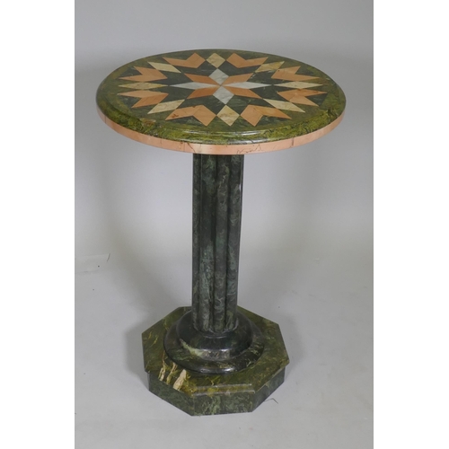 1050 - A marble occasional table, with specimen inlaid top, raised on a reeded column and octagonal platfor... 