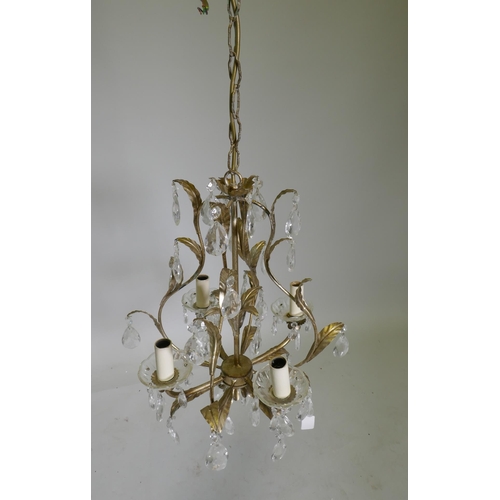 1052 - A French style silver leafed metal four branch chandelier with lustre drops, 45cm high, 105cm long w... 