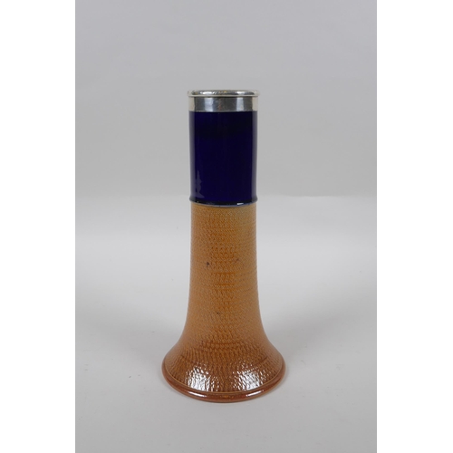 106 - An antique Doulton Lambeth vase with blue glazed band and a hallmarked silver collar, (London, 1915)