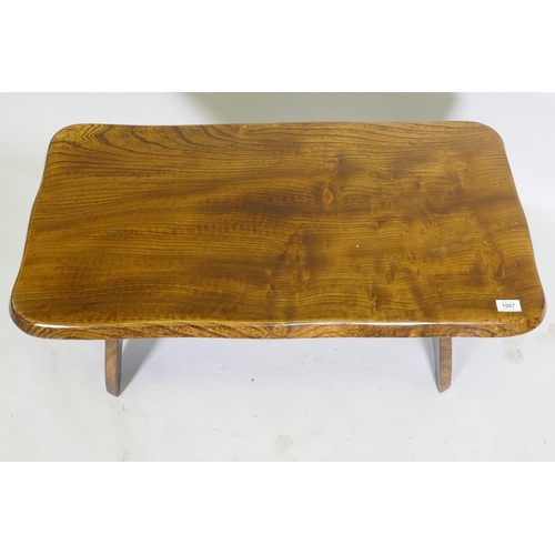 1067 - Elm refectory style coffee table with plank top, 92 x 50 x 40cm