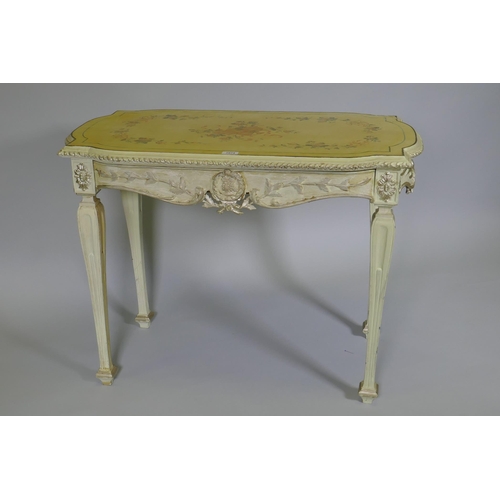 1074 - An Italian painted pine and parcel gilt side table, the shaped top with painted floral decoration an... 