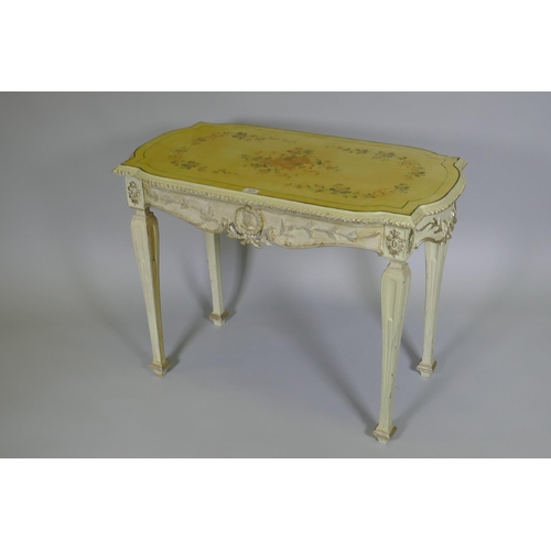 1074 - An Italian painted pine and parcel gilt side table, the shaped top with painted floral decoration an... 