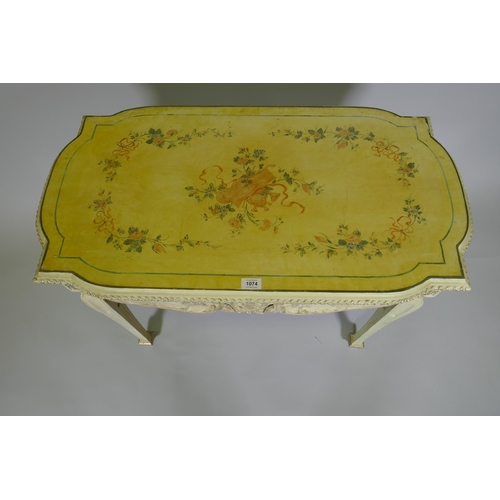 1074 - An Italian painted pine and parcel gilt side table, the shaped top with painted floral decoration an... 