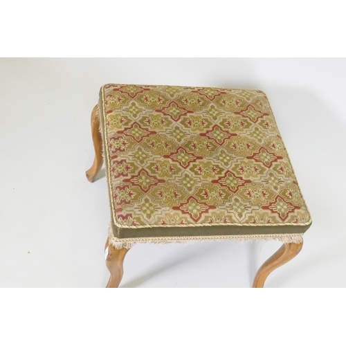 1076 - A Victorian walnut stool with tapestry cover, raised on cabriole supports, 53 x 53 x 46cm