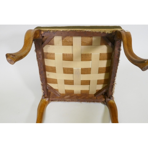 1076 - A Victorian walnut stool with tapestry cover, raised on cabriole supports, 53 x 53 x 46cm