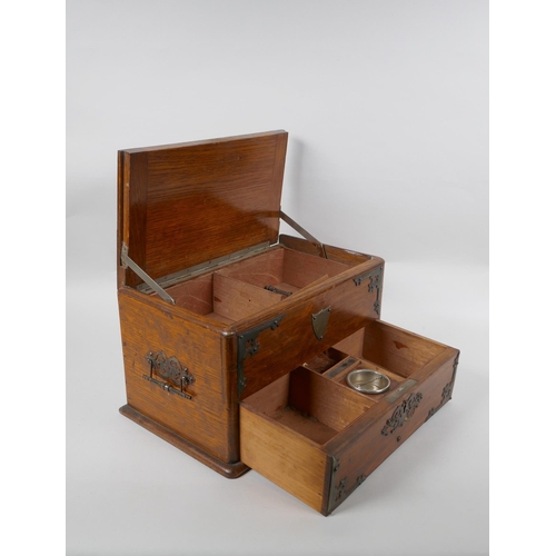 108 - An antique oak smokers companion box with silver plated mounts, 33 x 20cm, 18cm high