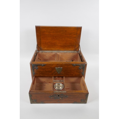 108 - An antique oak smokers companion box with silver plated mounts, 33 x 20cm, 18cm high