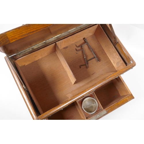 108 - An antique oak smokers companion box with silver plated mounts, 33 x 20cm, 18cm high