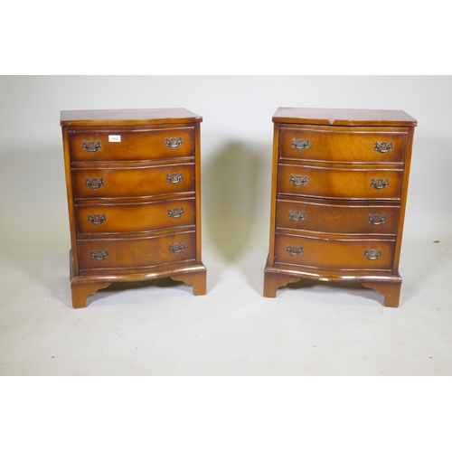 1084 - A pair of mahogany serpentine front four drawer bedside chests, raised on bracket supports, 49 x 36 ... 