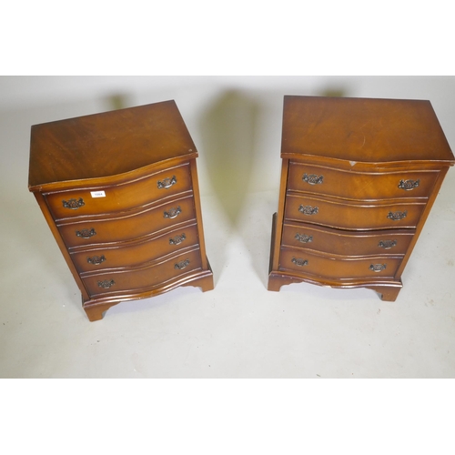 1084 - A pair of mahogany serpentine front four drawer bedside chests, raised on bracket supports, 49 x 36 ... 