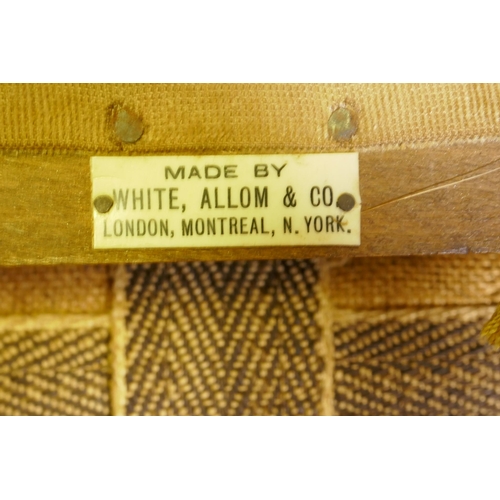 1085 - A country house high back throne style chair, labelled White Allom & Co, London, Montreal, New Y... 