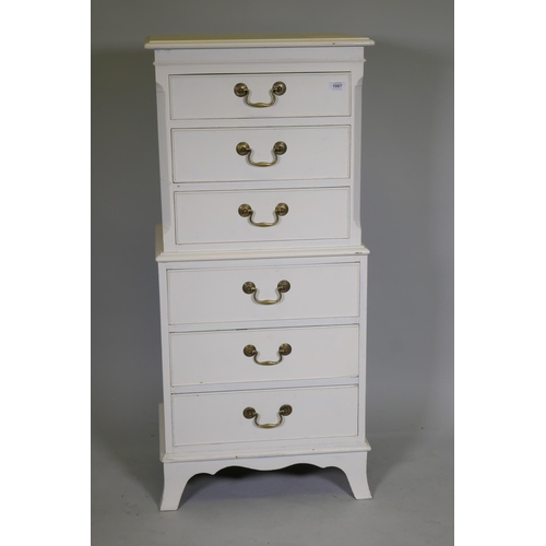 1087 - A painted tallboy chest of six drawers with brass swan neck handles, raised on swept supports, 52 x ... 