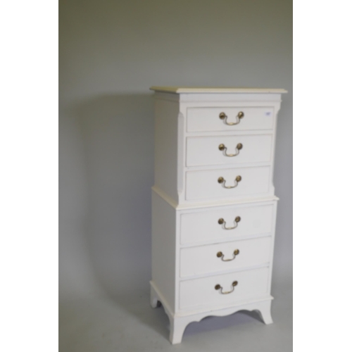 1087 - A painted tallboy chest of six drawers with brass swan neck handles, raised on swept supports, 52 x ... 