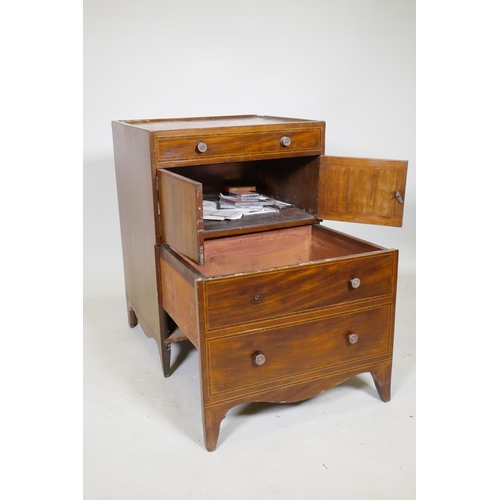 1088 - A Georgian mahogany commode/dressing chest with lift up top, two cupboards and pull out bottom drawe... 