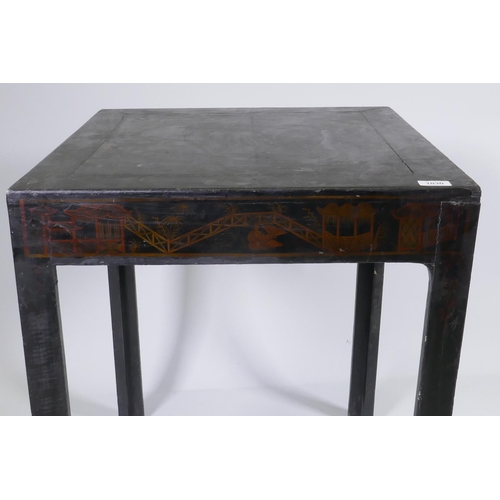 1096 - An antique Chinese hardwood two tier side table with carved and pierced frieze, 41 x 30cm, 67cm high