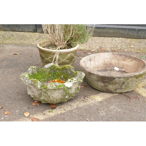 1113 - A planter, a garden urn, AF, and reconstituted stone bowl, 60cm diameter