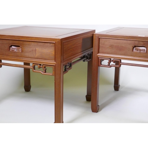 1134 - A pair of Chinese red wood side tables with a single drawer, 61 x 61cm, 55cm high