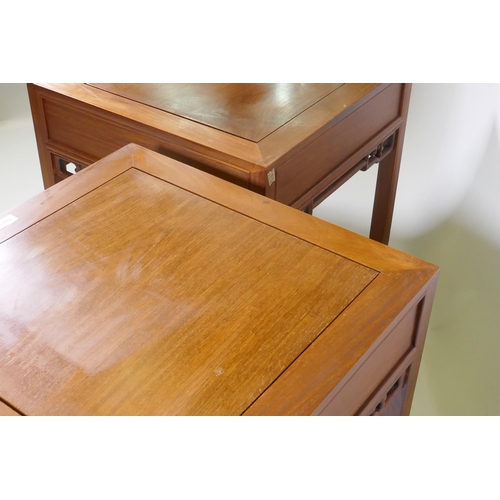 1134 - A pair of Chinese red wood side tables with a single drawer, 61 x 61cm, 55cm high