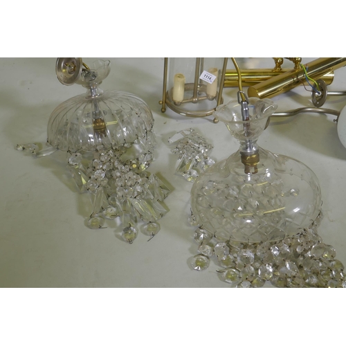 1180 - A pair of etched globe wall lights, a ceiling lantern, 35cm high, a pair of picture lights and two g... 