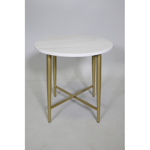 1191 - A contemporary stone topped occasional table with gilt metal legs, 44cm high x 43cm diameter