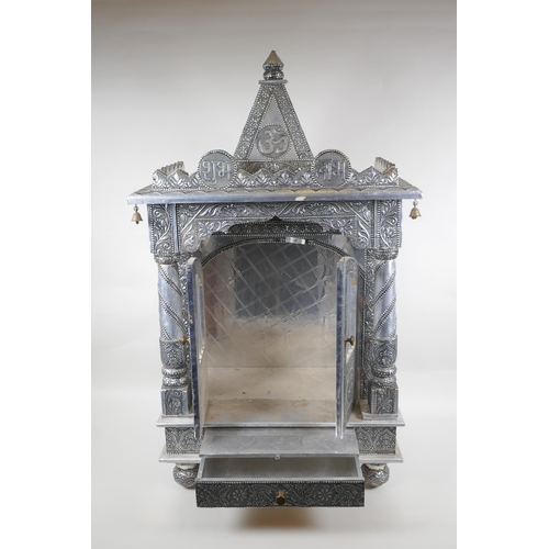 127 - An Indian white metal veneered wooden table top shrine, 46 x 26cm, 82cm high