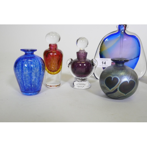 14 - A collection of scent bottles, David Wallace, urn shaped bottle, squat blue bottle, Keith Bowlby (no... 