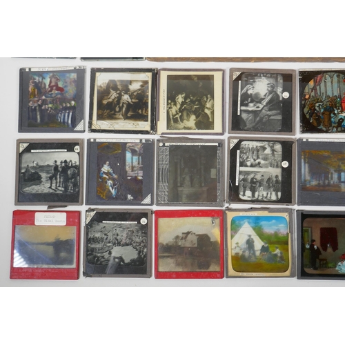 142 - A quantity of antique assorted magic lantern slides depicting the Conquest of the Sudan, religious a... 