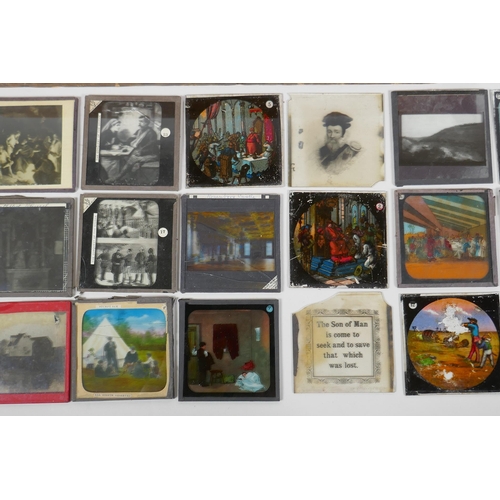 142 - A quantity of antique assorted magic lantern slides depicting the Conquest of the Sudan, religious a... 