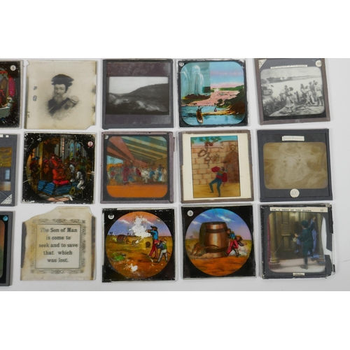 142 - A quantity of antique assorted magic lantern slides depicting the Conquest of the Sudan, religious a... 