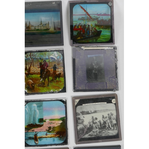 142 - A quantity of antique assorted magic lantern slides depicting the Conquest of the Sudan, religious a... 