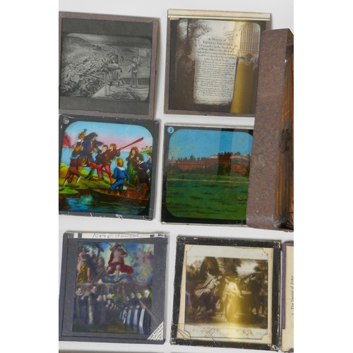 142 - A quantity of antique assorted magic lantern slides depicting the Conquest of the Sudan, religious a... 