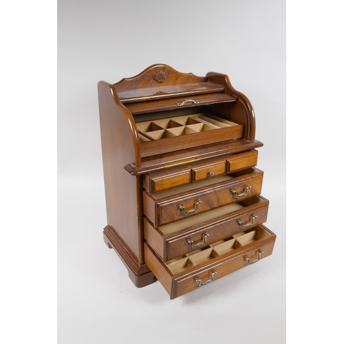 149 - A mahogany jewellery cabinet in the form of a four drawer cylinder desk, 28 x 18cm